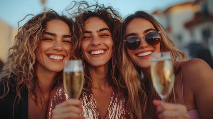 Women enjoying drinks together in a festive atmosphere during sunset. Generative AI