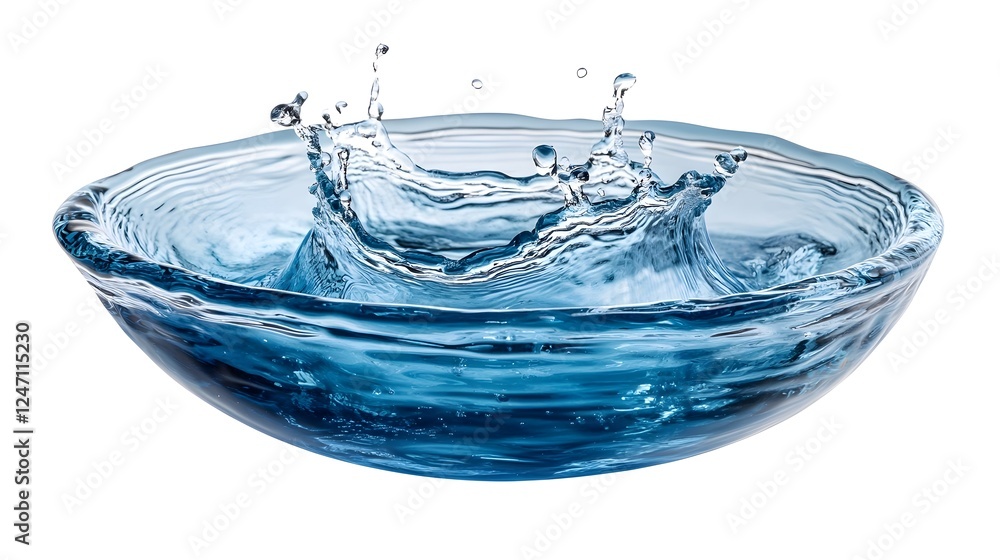 Poster Captivating image showcasing the dynamic movement and transparent fluidity of water splashing in a glass bowl creating a mesmerizing pattern of ripples and reflections on the calm serene surface