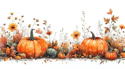 Elegant Watercolor Floral Design with Pumpkins for Autumn. Generative AI