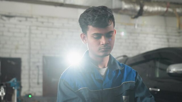 Engineer in blue uniform working on equipment in an automobile shop, briefly stands straight, wipes forehead, then resumes work, background features industrial tools, machinery