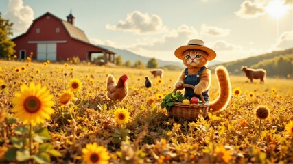 Fototapeta premium A cat wearing a straw hat is holding a basket of vegetables in a field