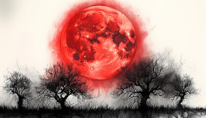 scheletrici alberi neri di fronte ad luna rossa color sangue in un cielo bianco, Skeletal black trees in front of a blood-colored red moon in a white sky