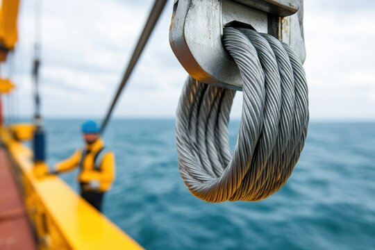A close-up of a steel cable loop on a crane, with a worker in the background, set against a backdrop of water and cloudy skies.