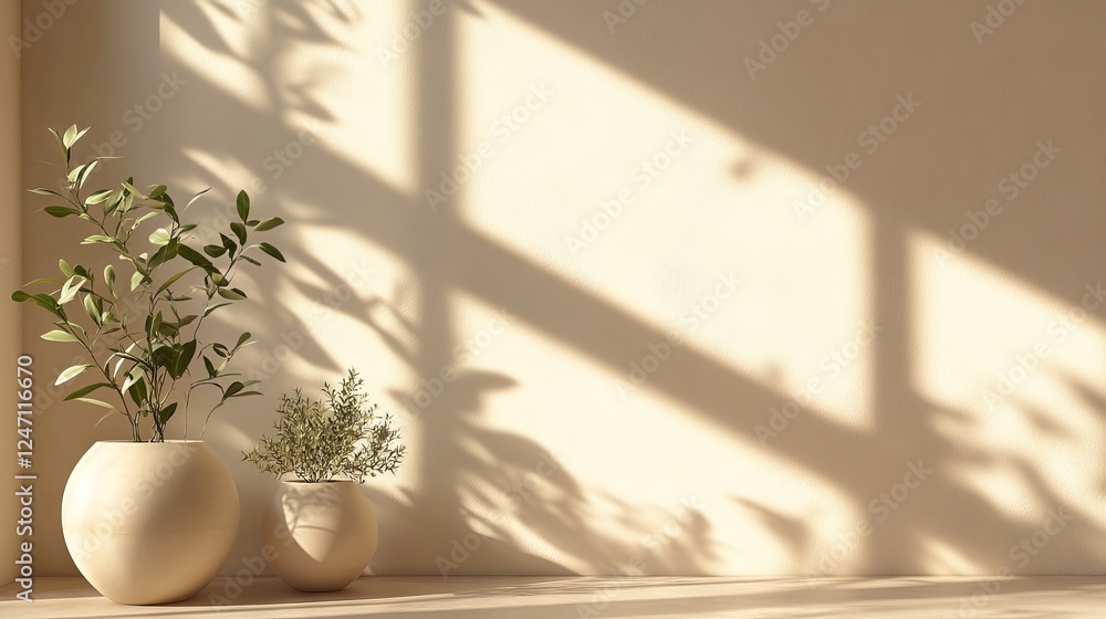 Poster **new text:** beige background for product display with natural light and shadows creating a soft an