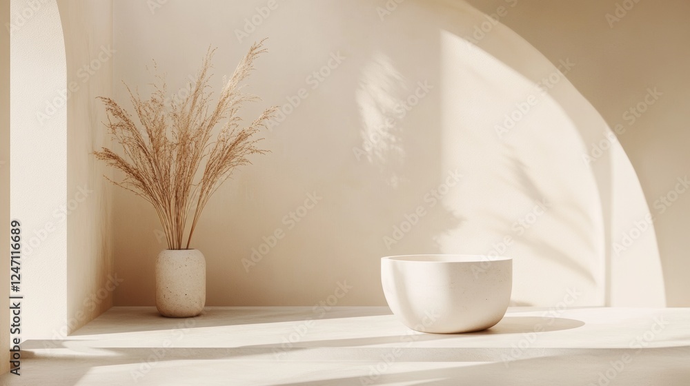 Poster **new text:** beige background for product display with natural light and shadows creating a soft an