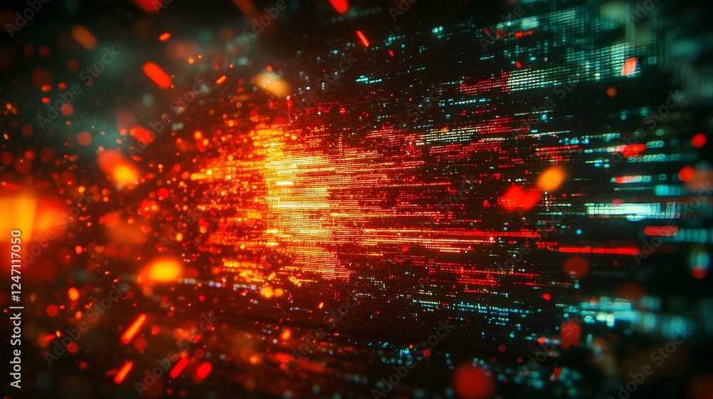 Poster Dramatic and explosive burst of fiery particles and radiant energy in a dynamic futuristic digital landscape  Intense beams of light sparks and glowing elements create a powerful