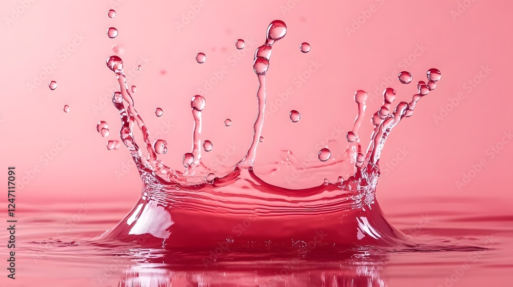 Poster Dramatic and vibrant red water droplet splash creating a dynamic and fluid movement against a soft pink background evoking a sense of energy freshness and visual captivation