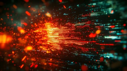 Obraz premium Dramatic and explosive burst of fiery particles and radiant energy in a dynamic futuristic digital landscape Intense beams of light sparks and glowing elements create a powerful