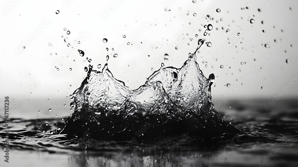 Aufkleber Dramatic black and white photograph capturing the dynamic high speed splash of water  The image showcases the fluid motion texture and energy of the splashing liquid