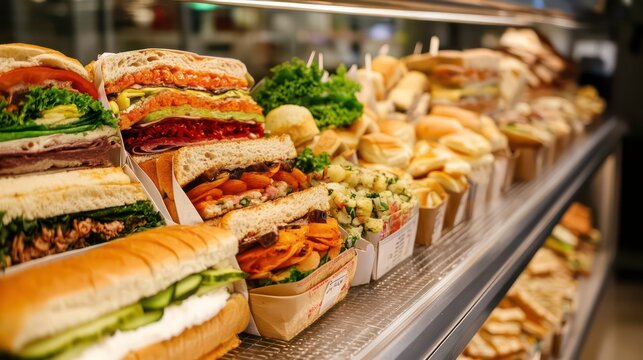 A sandwich shop counter displaying a variety of freshly made sandwiches ready to order