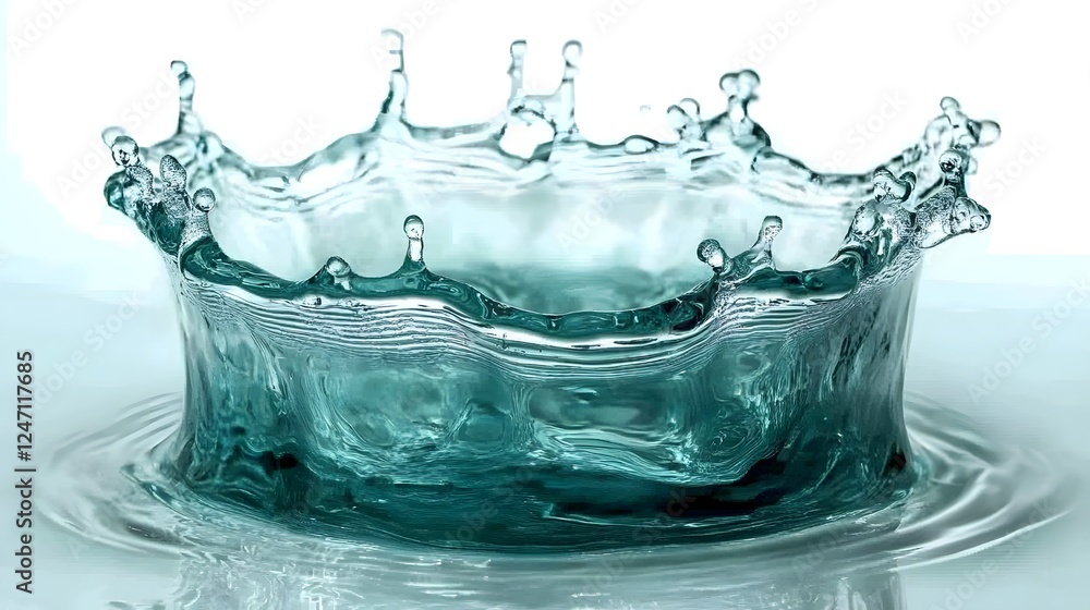 Poster Dramatic splash of transparent water droplets creating a crown like pattern on a reflective glossy surface with motion and environmental elements