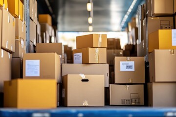 Fototapeta premium A stack of cardboard boxes fills a shipping container, indicating storage or transportation logistics.