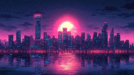 Futuristic Neon Cityscape with Vivid Sunset Over Water. Generative AI