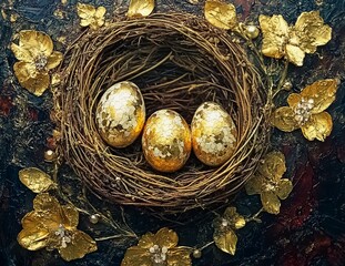 gold foil easter eggs in nest with gold foil leaves flowers photograph 