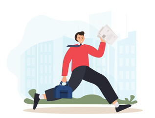 Businessman running late for work meeting, a businessman races against time, student hurry up for exam, time management concept, flat vector illustration