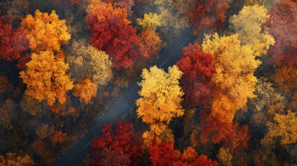 Autumn Aerial View of a Winding Road Surrounded by Vibrant Orange and Red Trees Bathed in Soft Sunset Light
