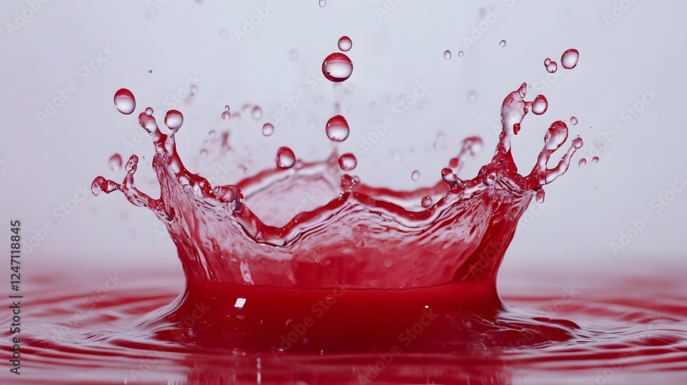 Poster Dynamic and energetic red water splash with vibrant colorful droplet motion creating an abstract and decorative design  The image showcases the fluid movement flowing energy