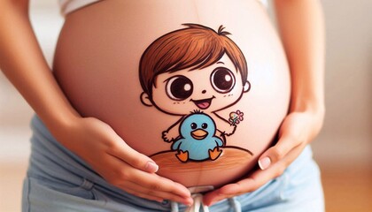 Close-up of a drawn cartoon baby in a pregnant woman's belly