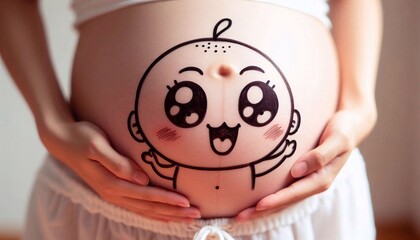 Close-up of a drawn cartoon baby in a pregnant woman's belly