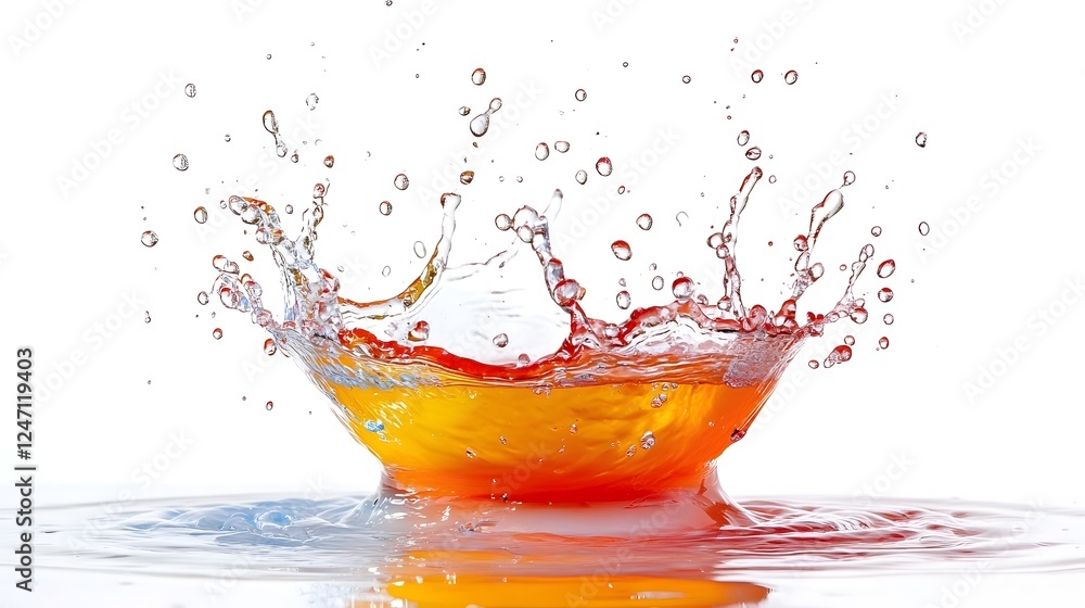 Fototapete Dynamic explosion of vibrant orange and red colored liquid in motion creating a captivating splash of energy and vitality against a clean white background  Showcasing the fluid transparent