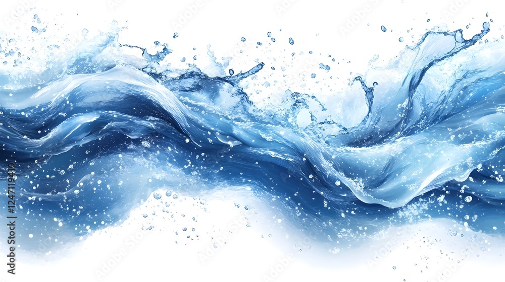 Poster dynamic blue water splash with flowing crystal clear droplets and foamy waves abstract background of
