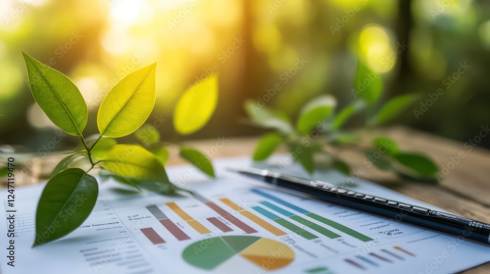 Aufkleber a sustainability report displaying environmental impact metrics using bar graphs and reduction goals