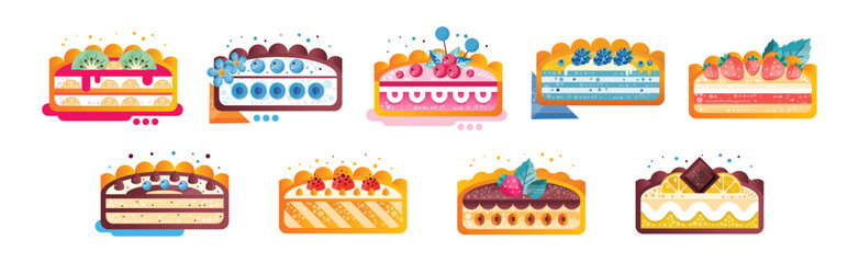 Different Cake Half with Creamy Filling and Berry Vector Set