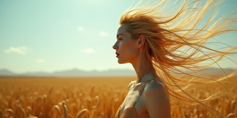 A serene silhouette of a woman in a golden wheat field, with flowing hair and a tranquil expression, perfect for themes of nature, beauty, and freedom.