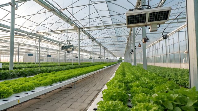 A high-tech greenhouse filled with rows of fresh lettuce and other leafy greens. A controlled environment for organic and efficient vegetable farming.

