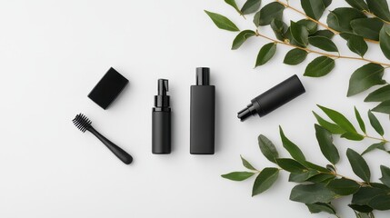 A single set of travel-sized toiletries isolated on a clean white surface, ideal for promoting vacation or travel essentials.