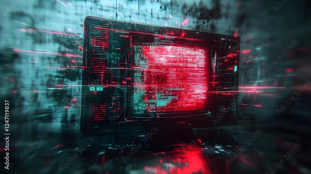 Poster Dynamic futuristic glitch style digital abstract visualization of a complex data matrix and technology network  Chaotic and disruptive concept with elements of programming coding and intelligence