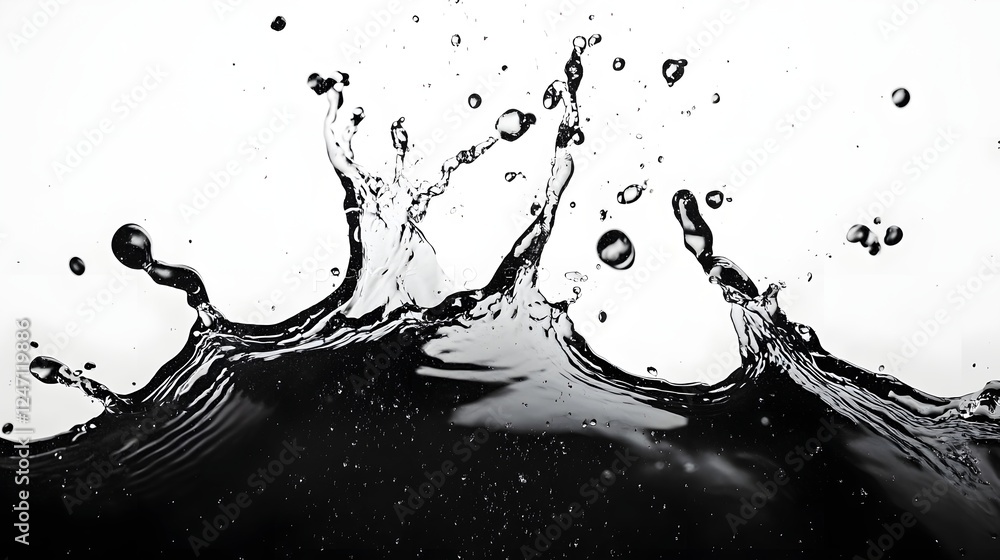 Poster Dynamic monochrome black and white abstract art background with splashing flowing and dripping liquid water droplets creating an experimental contemporary and conceptual pattern and texture