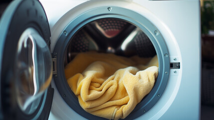 A washing machine with the door open and a yellow towel inside the drum. This image is suitable for illustrating household appliances, laundry tasks, or cleanliness-related topics