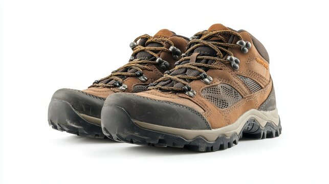 A pair of comfortable travel shoes isolated on a white background, great for promoting adventure footwear.