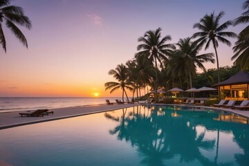 Obraz premium Tropical Sunset Beach Resort Pool Scene