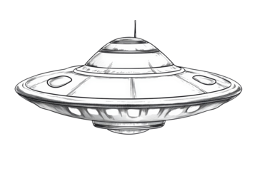 Simple black and white drawing of a spaceship . Transparent background
