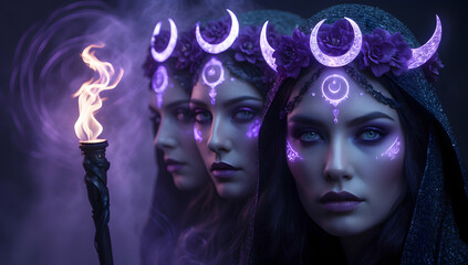 A mystical depiction of Hecate, the Greek goddess, standing majestically on the right side of the image. She is portrayed with three heads