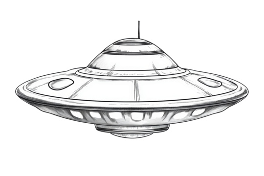 Simple black and white drawing of a spaceship . Transparent background