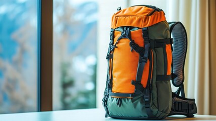 Close-up of a stylish travel backpack on a white surface, ideal for promoting outdoor or adventure gear.