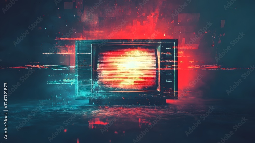 Aufkleber explosive glitch erupting from a vintage television screen creating a dramatic digital maelstrom of 