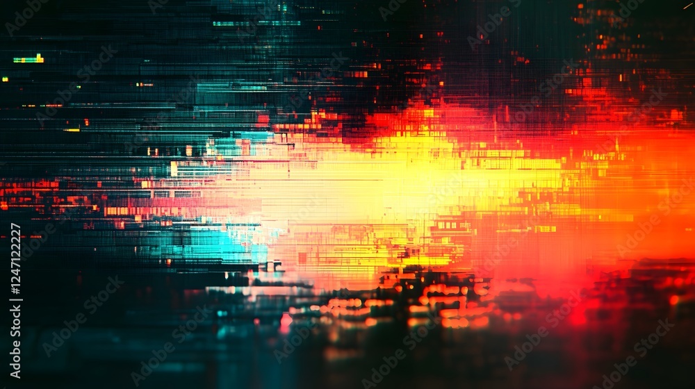 Fototapete Explosive Glitch of Vibrant Digital Energy and Futuristic Technological Chaos   Abstract digital art background with colorful pixels code and data distortion creating a dynamic surreal