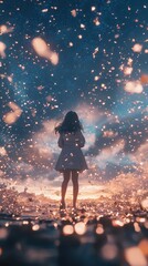 Fototapeta premium Silhouette of a girl facing a starlit sky filled with floating lights, a dreamlike spectacle. Symbolizes hope and inspiration, perfect for motivational and spiritual themes.