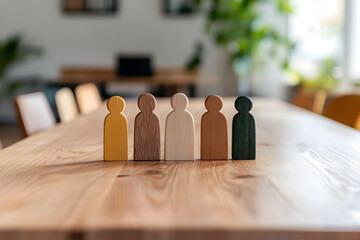 A set of wooden figurines representing family members arranged in a constellation therapy session on a minimalist wooden table.
