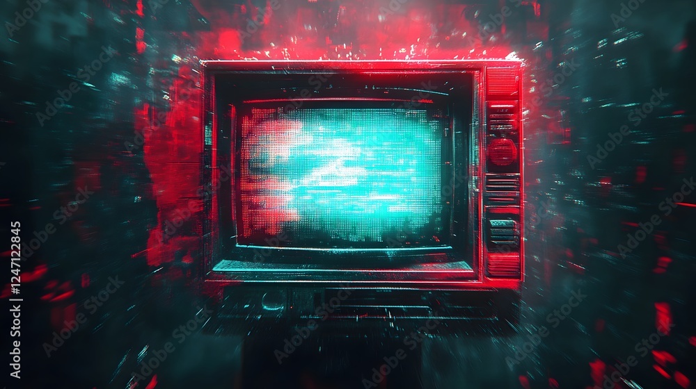 Poster Futuristic and dystopian neon lit cityscape with a glitching corrupted digital display screen creating a moody ominous and atmospheric cyberpunk inspired environment
