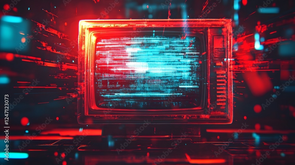 Poster Futuristic cyberpunk inspired neon glitch digital art display with a retro sci fi vaporwave aesthetic  Featuring a grid like pattern lines and a luminous vibrant color palette creating a captivating