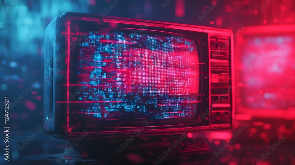 Poster Futuristic digital glitch effect on neon lit computer screen with abstract data code and matrix like symbols  or high tech background for technology digital art or computer programming concepts