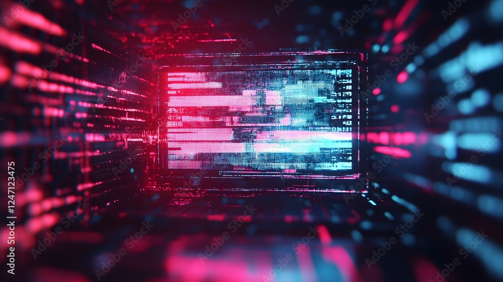 Poster Futuristic digital landscape with vibrant neon lights dynamic data flows and a mesmerizing abstract pattern  This digital artwork evokes a sense of high tech energy technological complexity