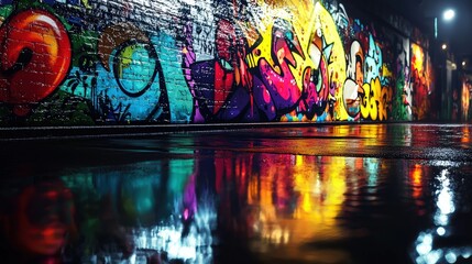 Vibrant graffiti art on a brick wall reflects in wet ground, embodying urban creativity and expression. Ideal for arts, culture, and social commentary themes.