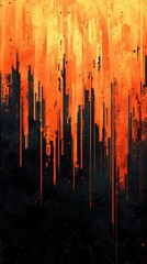 Abstract orange gradient fading to black with vertical streaks evokes urban landscape. Illustrates energy, technology or industry, ideal for modern themes.