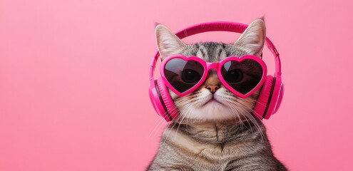 Fototapeta premium Adorable tabby cat wearing pink heart-shaped sunglasses and headphones on a pastel pink background, perfect for Valentine’s Day promotions, music-themed designs, and playful projects